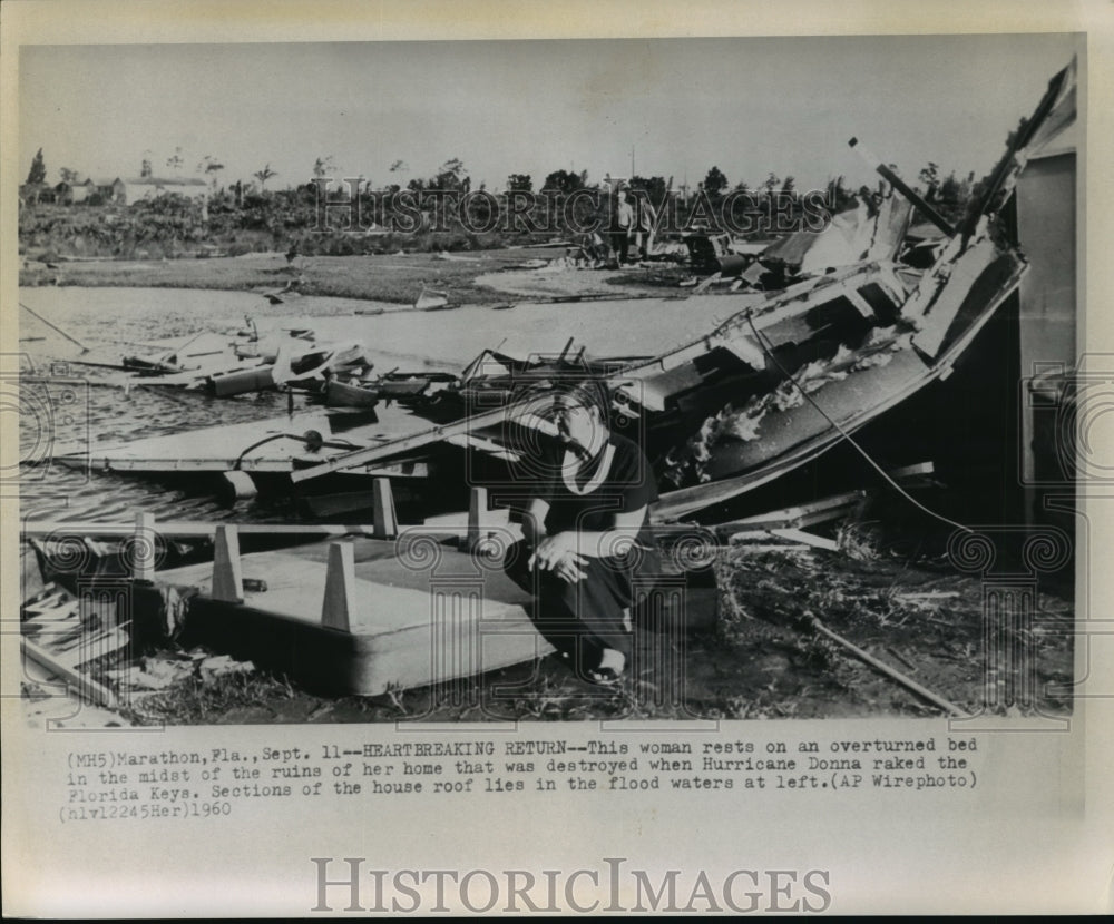 1960 Hurricane Donna - Woman Sits on Bed in Ruins Florida Keys Home - Historic Images