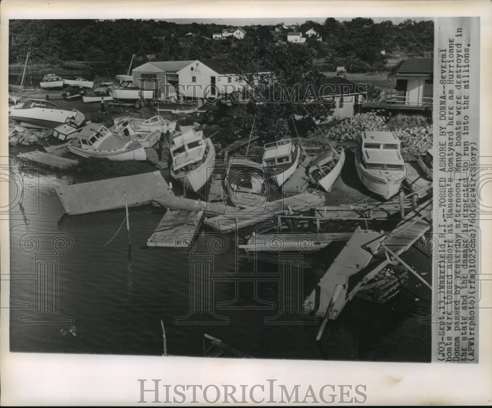 1960 Press Photo Hurricane Donna - Boats Tossed at Hanson&#39;s Boatyard - noa04810-Historic Images