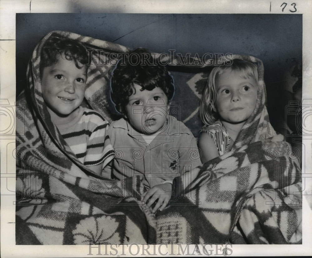 1956 Hurricane Flossy- Three little Indians at evacuation center. - Historic Images