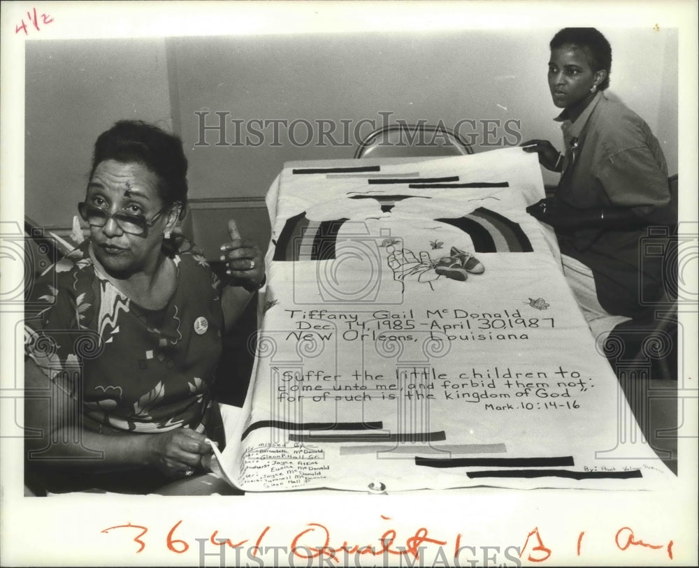 1988 Bernadette McDonald and Joyce Atkins Both Work On a Quilt Panel - Historic Images