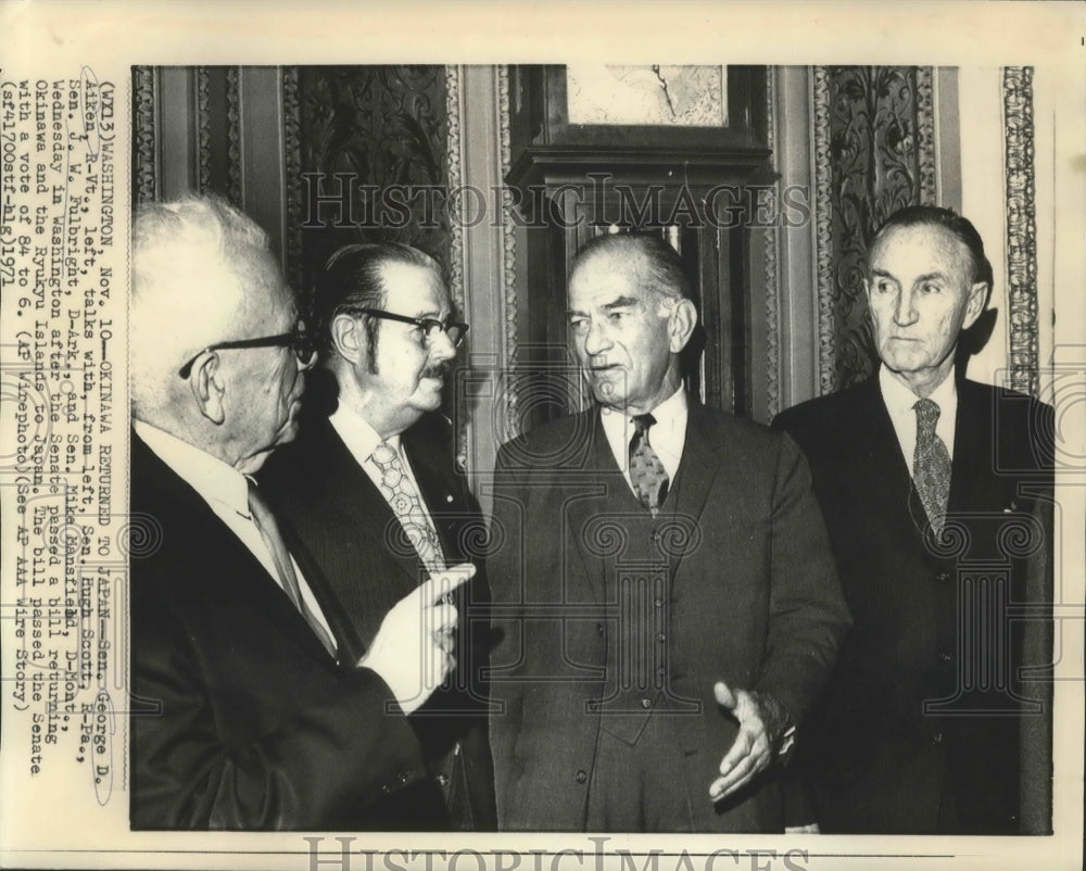 1971 Press Photo Senator George Aiken Talking with Three Senators About a Bill - Historic Images