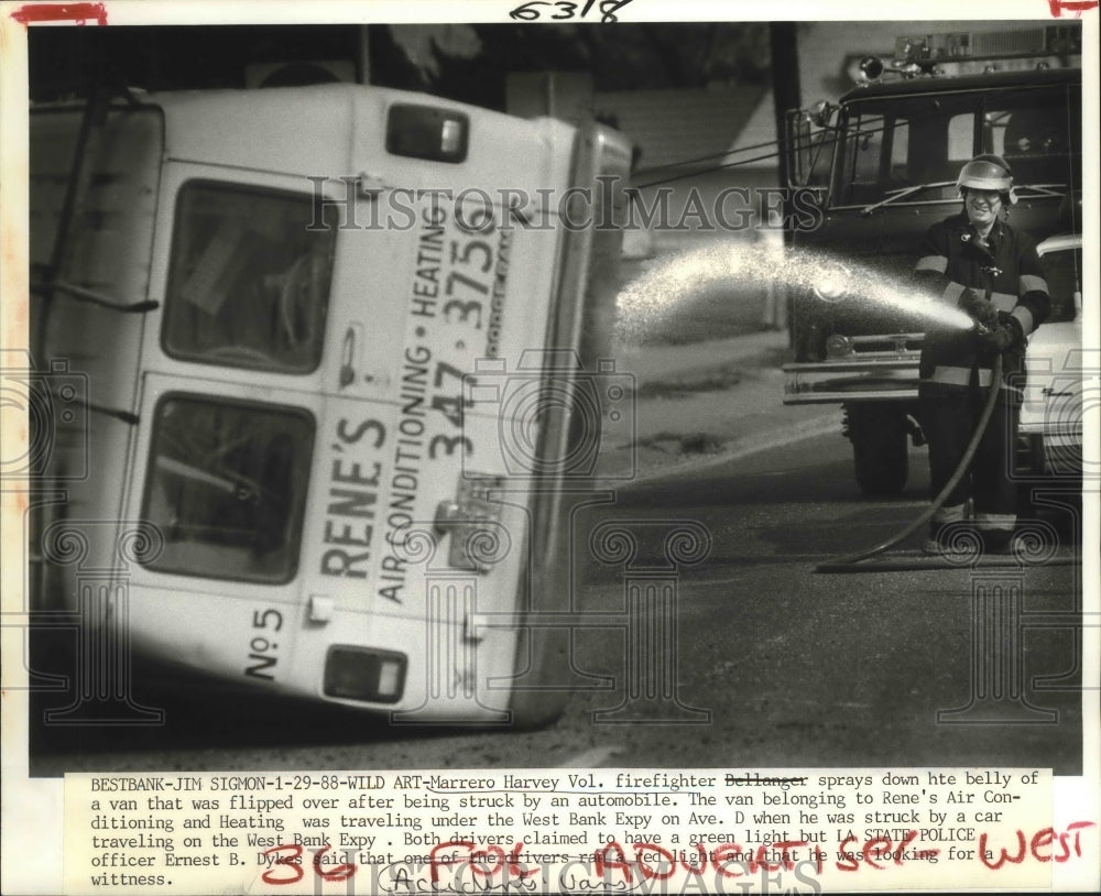 1888 Press Photo New Orleans _ Marrero Harvey Fireman Sprays Flipped Truck - Historic Images