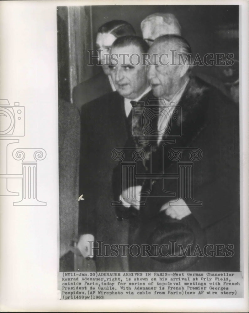 1963 West German Chancellor Konrad Adeneur with Georges Pompidou. - Historic Images