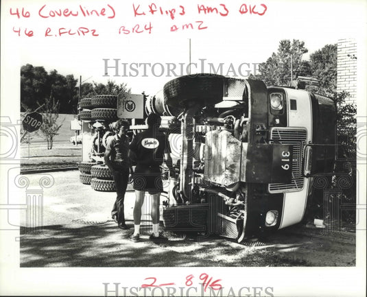 1987 Accident - Two Men Checking Truck Flipped on Side in Wreck - Historic Images