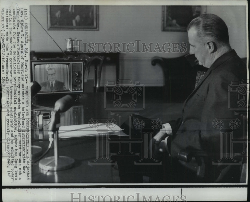 1968 Press Photo Gov. Spiro T. Agnew watches Gov. Nelson Rockefeller on TV. - Historic Images