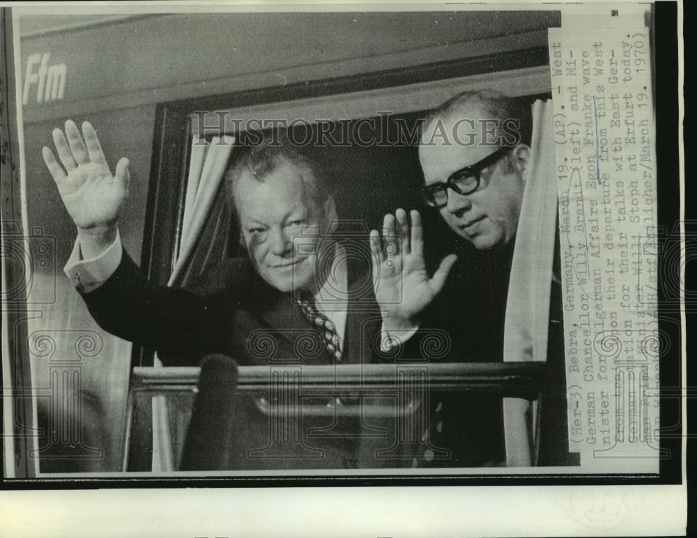 1970 Press Photo German Chancellor Willy Brandt and Egon Franke wave from train-Historic Images