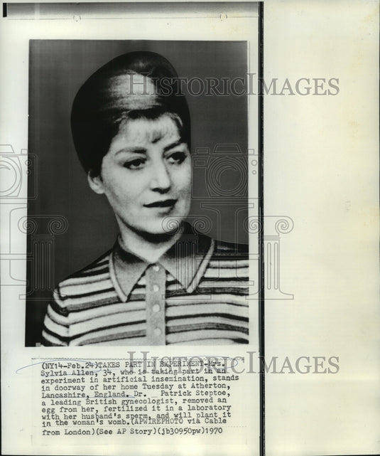 1970 Press Photo Mrs.Sylvia Allen, 34, taking part in insemination experiment. - Historic Images
