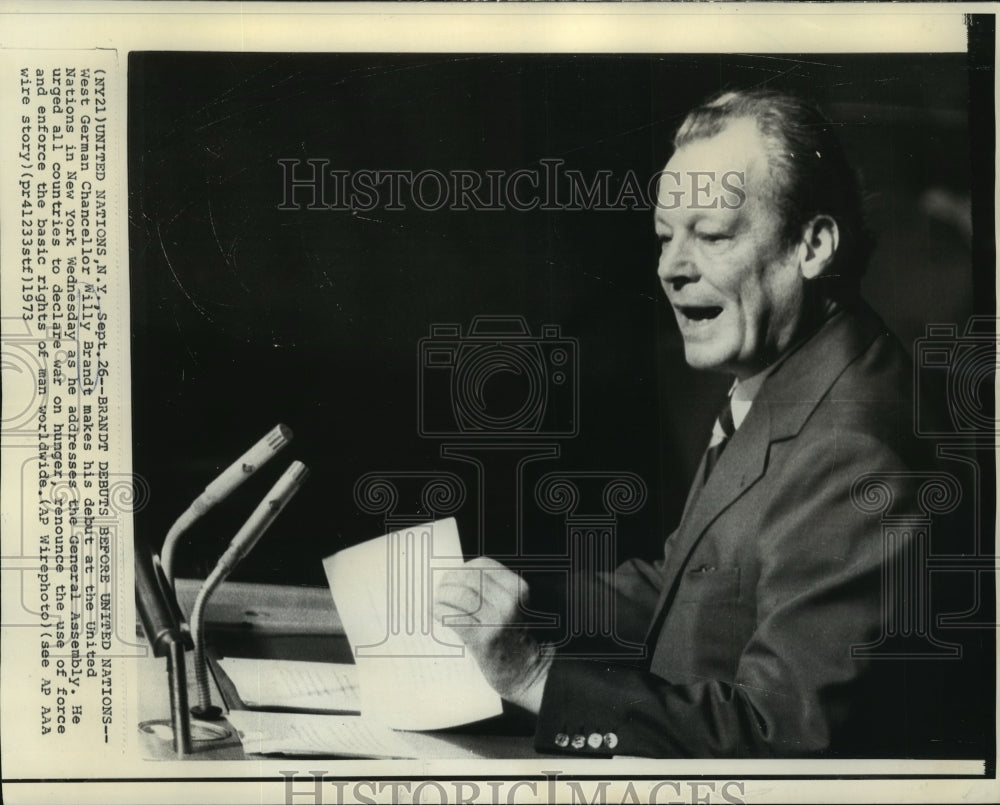 1973 Press Photo West German Chancellor Willy Brandt speaks at United Nations - Historic Images