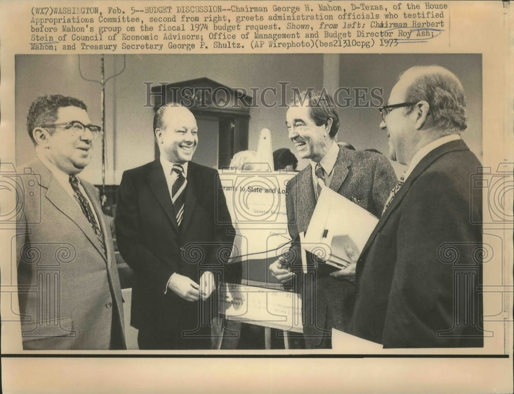 1973 Press Photo George Mahon, Herbert Stein &amp; Roy Ash in Budget Discussion - Historic Images