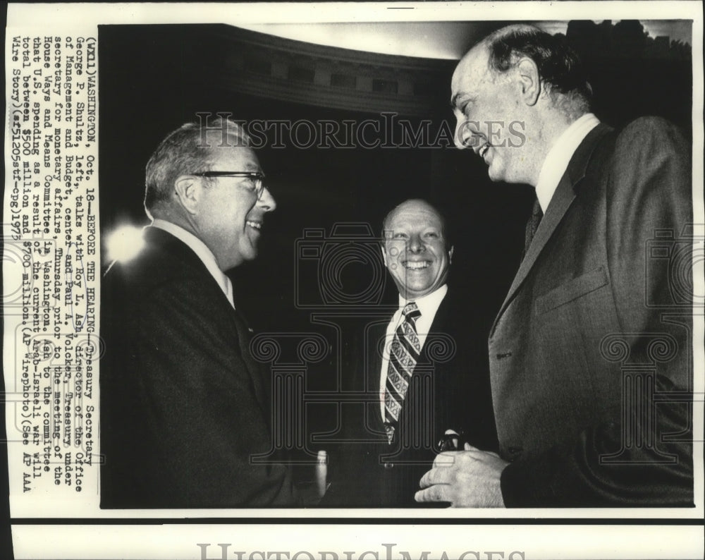 1973 Press Photo George Shultz with Roy Ash &amp; Paul Volcker Prior to Hearing - Historic Images