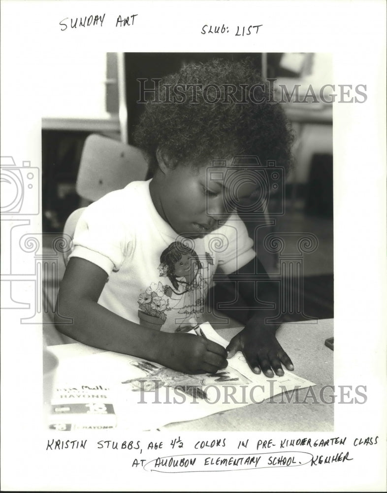 1985 Press Photo Audubon Elementary - Kristin Stubbs, Pre-Kindergarten Class - Historic Images