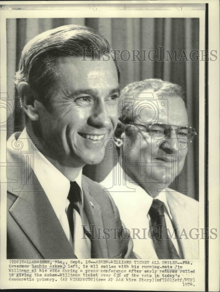 1974 Press Photo Florida Governor Reubin Askew and Jim Williams, Running Mate - Historic Images