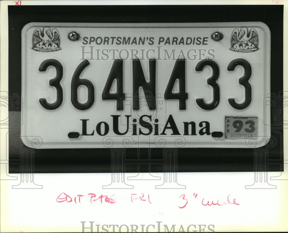 1993 Press Photo Newer, Colorful Louisiana License Plate - noa21975 - Historic Images