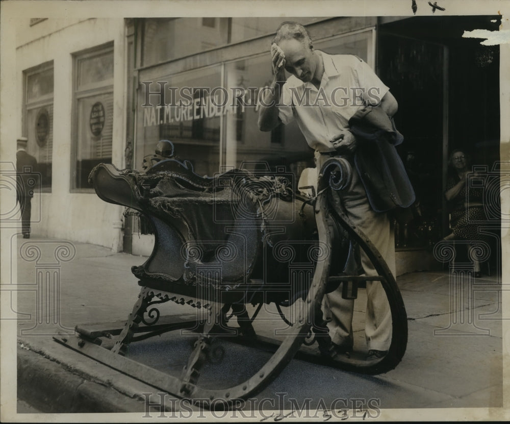 1956 George Tek Kounovsky outside Camp St. Antique Shop Views Sleigh - Historic Images