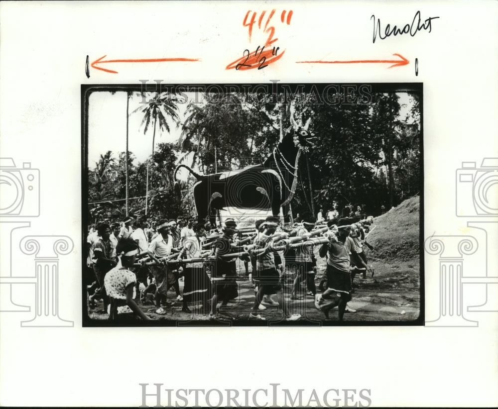 1988 Giant Wood Bull Leads Bali Funeral Procession in Indonesia-Historic Images