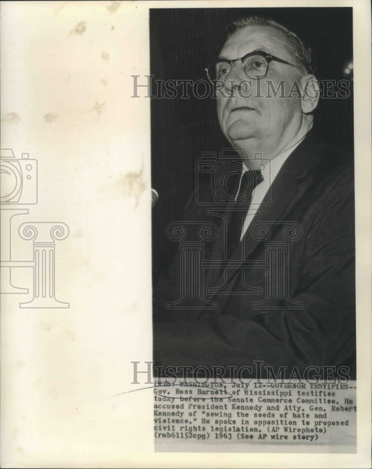 1963 Press Photo Ross Barnett, Mississippi, at Senate Commerce Committee- Historic Images