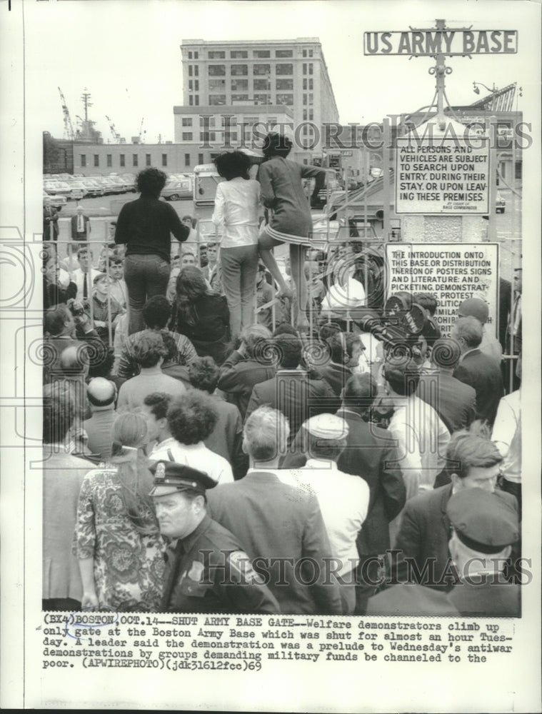 1969 Welfare Demonstrators Climb On Top of Boston Army Base Gate - Historic Images