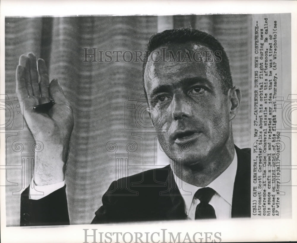 1962 Astronaut Scott Carpenter at Cape Canaveral news conference. - Historic Images