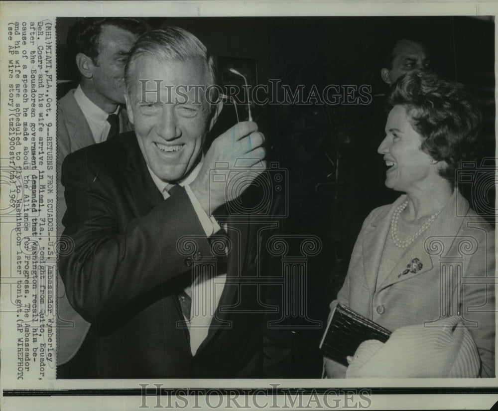 1967 U. S. Ambassador Wymberley Coerr and wife arrive in Miami, FL.-Historic Images