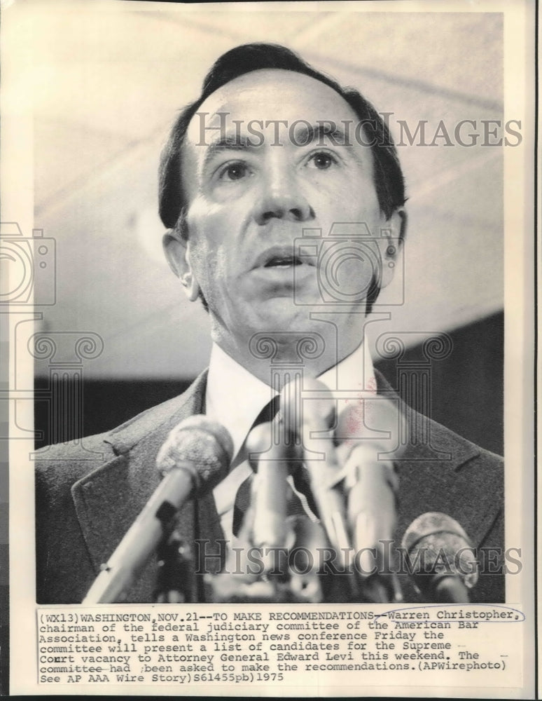 1975 Press Photo Warren Christopher, chairman of the federal judiciary committee - Historic Images