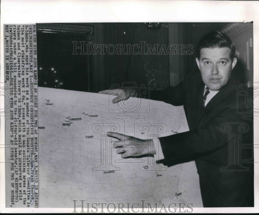 1965 Senator Frank Church With Map of Salmon & Clearwater Rivers, ID - Historic Images