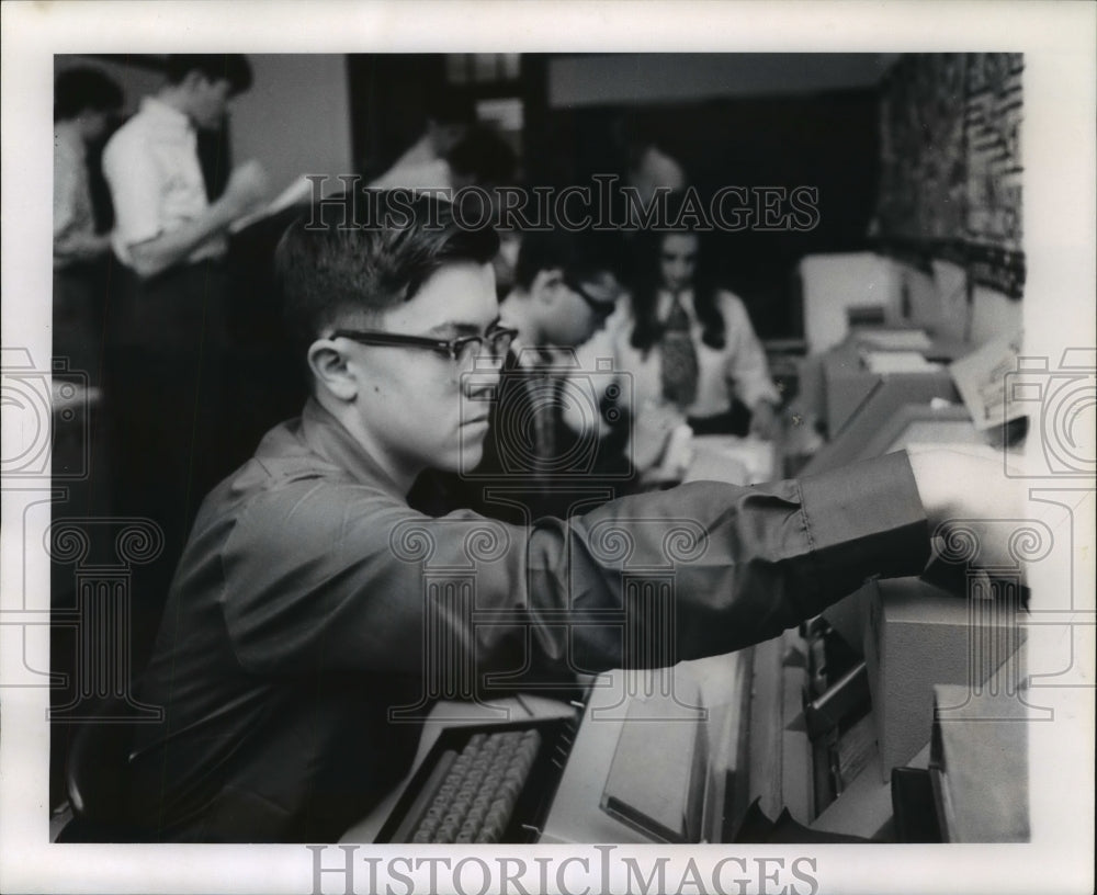 1969 Behrman senior Richard Becker, typing cards at High School - Historic Images
