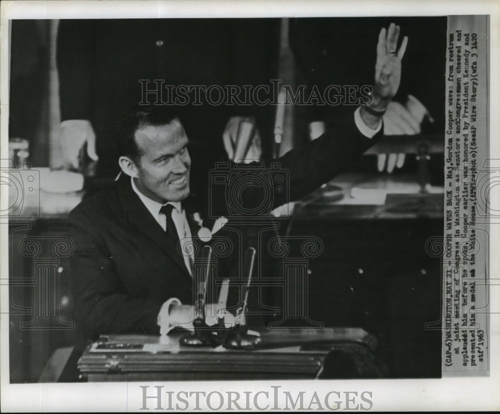 1963 Major Gordon  Cooper waves from rostrum at Congress meeting - Historic Images