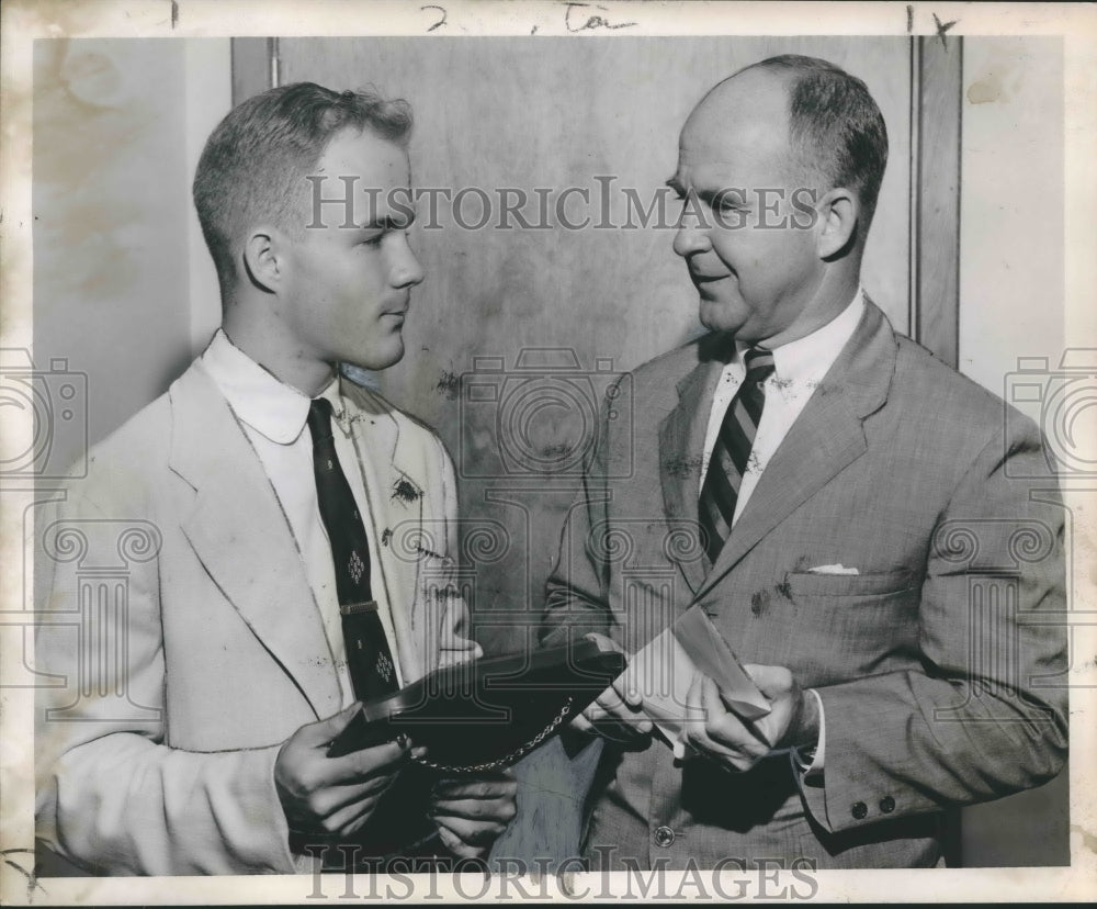 1957 Carl Corbin awarding scholarship money to Hardee C. Kilgore III - Historic Images