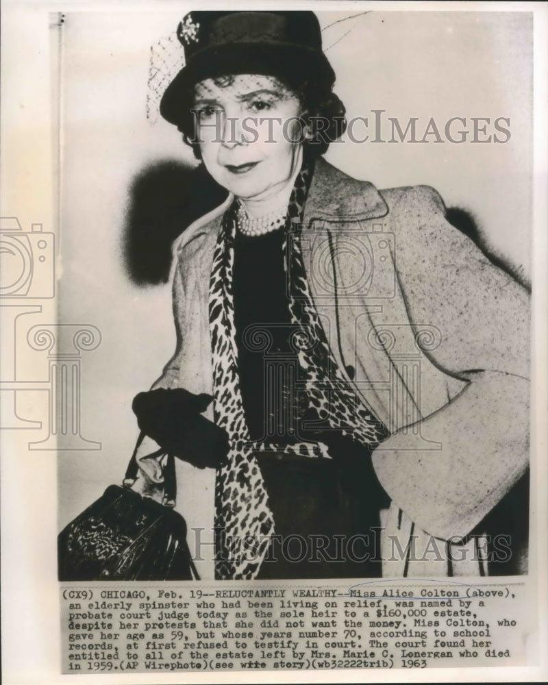 1963 Press Photo Estate inheritor, Miss Alice Colton - noa72677 - Historic Images