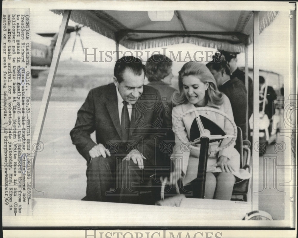 1969 President Richard Nixon, daughter Tricia in Golf Cart - Historic Images