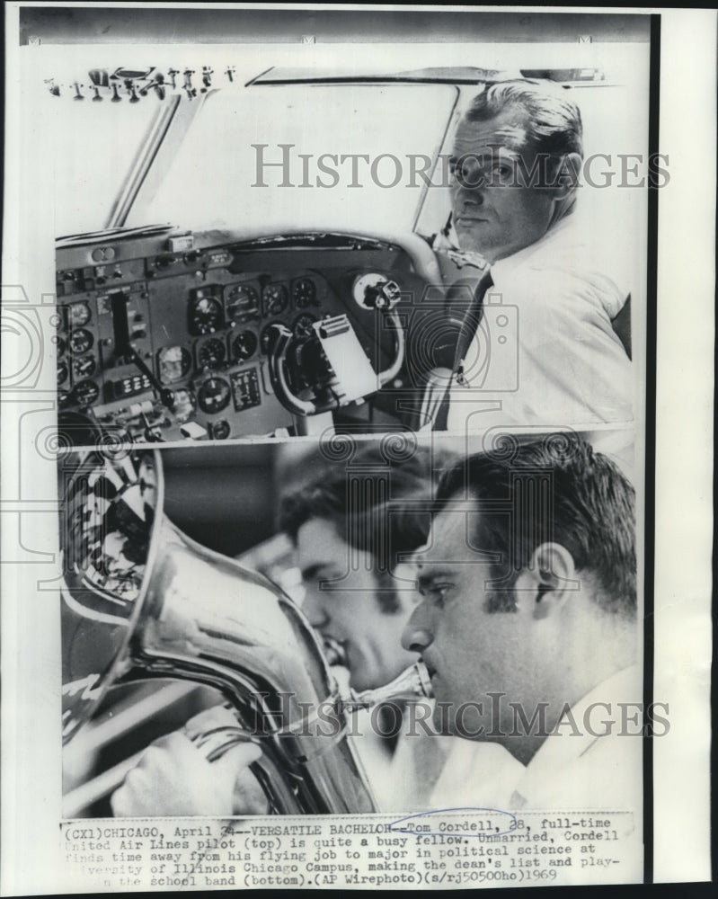 1969 Press Photo Tom Cordell, full-time pilot, student & member of school band. - Historic Images