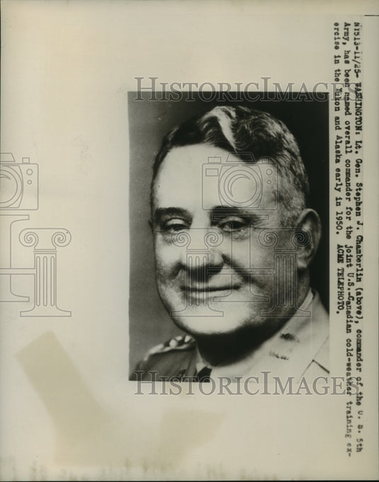 1949 Press Photo Lt. Gen. Stephen Chamberlin, commander of U.S.-Canada training - Historic Images