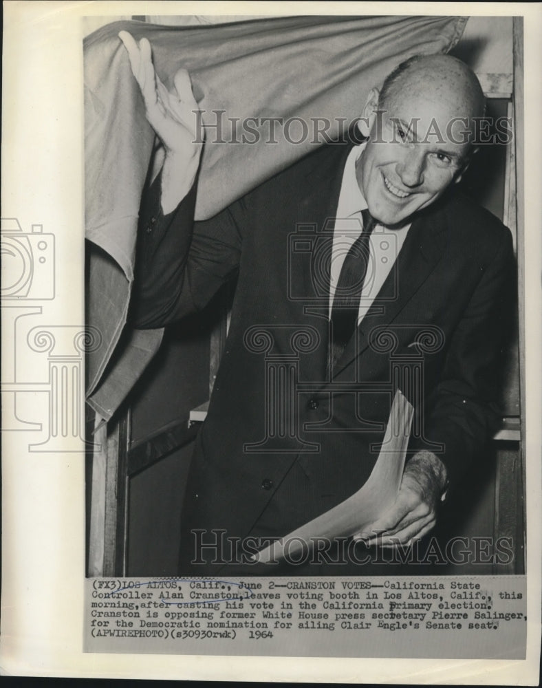 1964 Press Photo California State Controller Alan Cranston leaves a voting booth - Historic Images