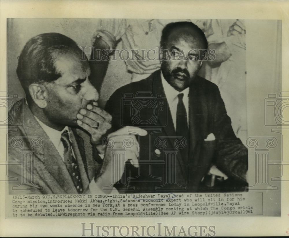 1961 Press Photo Rajeshwar Dayal, head of the U. N. Congo mission &amp; Mekki Abbas. - Historic Images