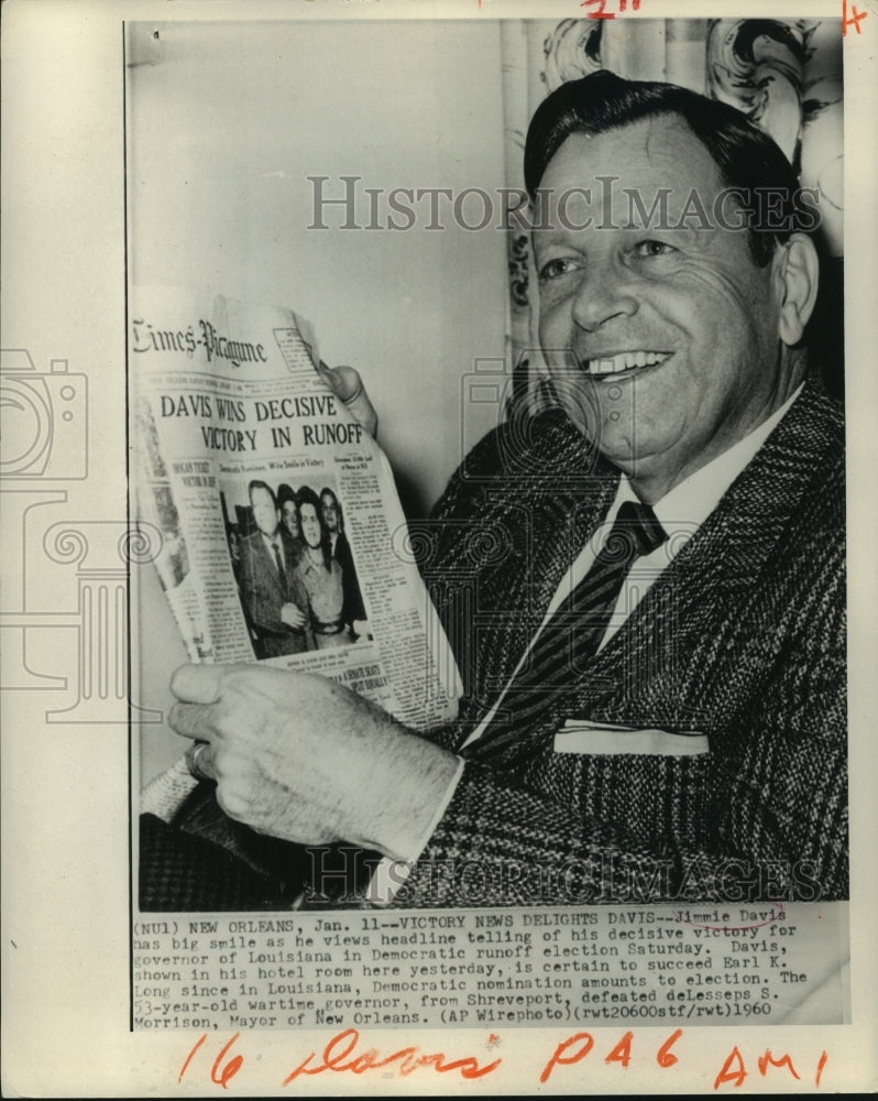 1960 Press Photo Former LA Governor Jimmie Davis wins Democratic runoff election - Historic Images