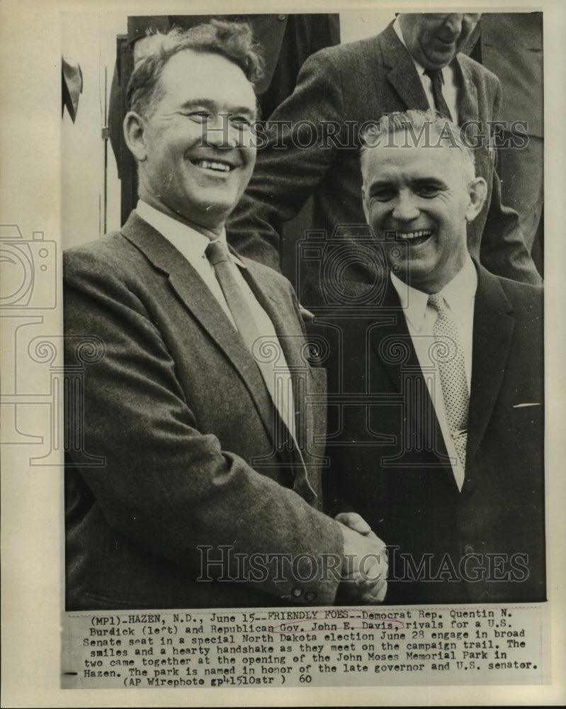 1960 Press Photo Democrat Rep. Quentin Burdick and Republican Gov. John Davis - Historic Images