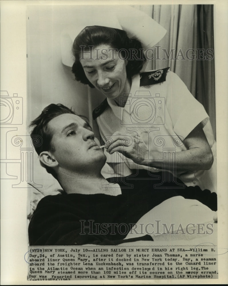 1962 Press Photo William Day cared by nurse Joan Thomas aboard liner Queen Mary - Historic Images