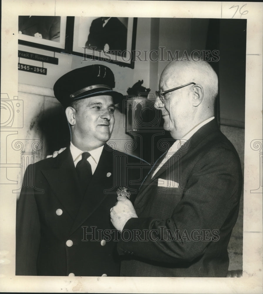 1958 Press Photo Promoted Fire Chief John Landry and Fire Chief Howard Dey - Historic Images