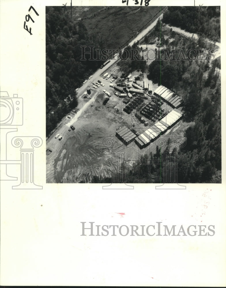 1981 Aerial-Trailers filled with sand and gel, frame rural wellsite-Historic Images