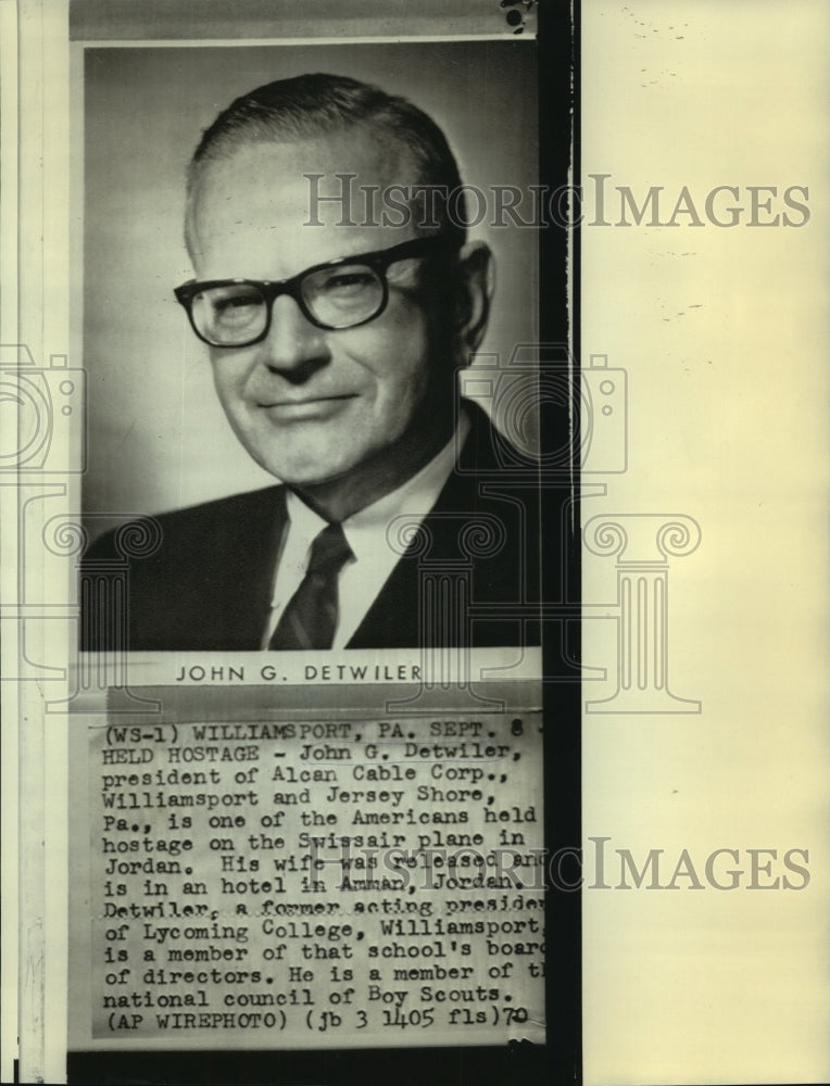 1970 Press Photo John G. Detwiler, American held hostage on Swiss Air in Jordan.-Historic Images