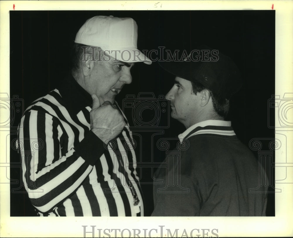 1990 Press Photo St. Charles Football Coach Tim Detillier and Referee - Historic Images