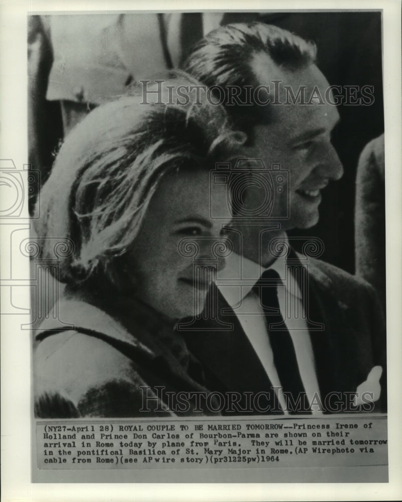 1964 Press Photo Princess Irene and Prince Don Carlos arrive in Rome, Italy. - Historic Images