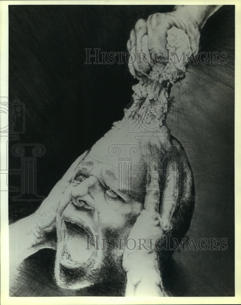 Press Photo Gripping Headache drawing by Raymond Dorow II. - noa93759 - Historic Images