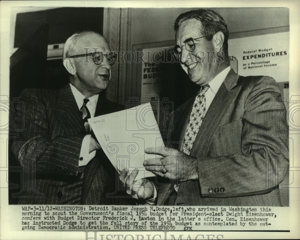 1952 Press Photo Joseph Dodge &amp; Frederick Lawton meet in Washington, D.C. - Historic Images