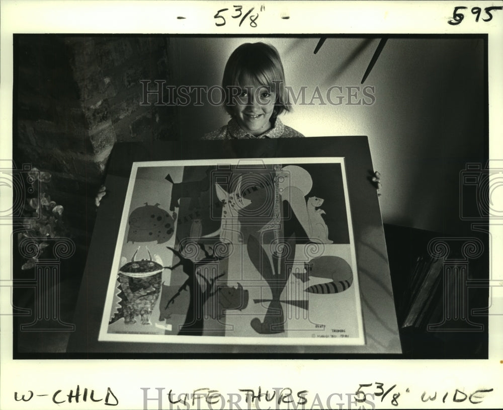 1982 Press Photo Rene Duplessis with her print entitled &quot;Save The Animals&quot; - Historic Images