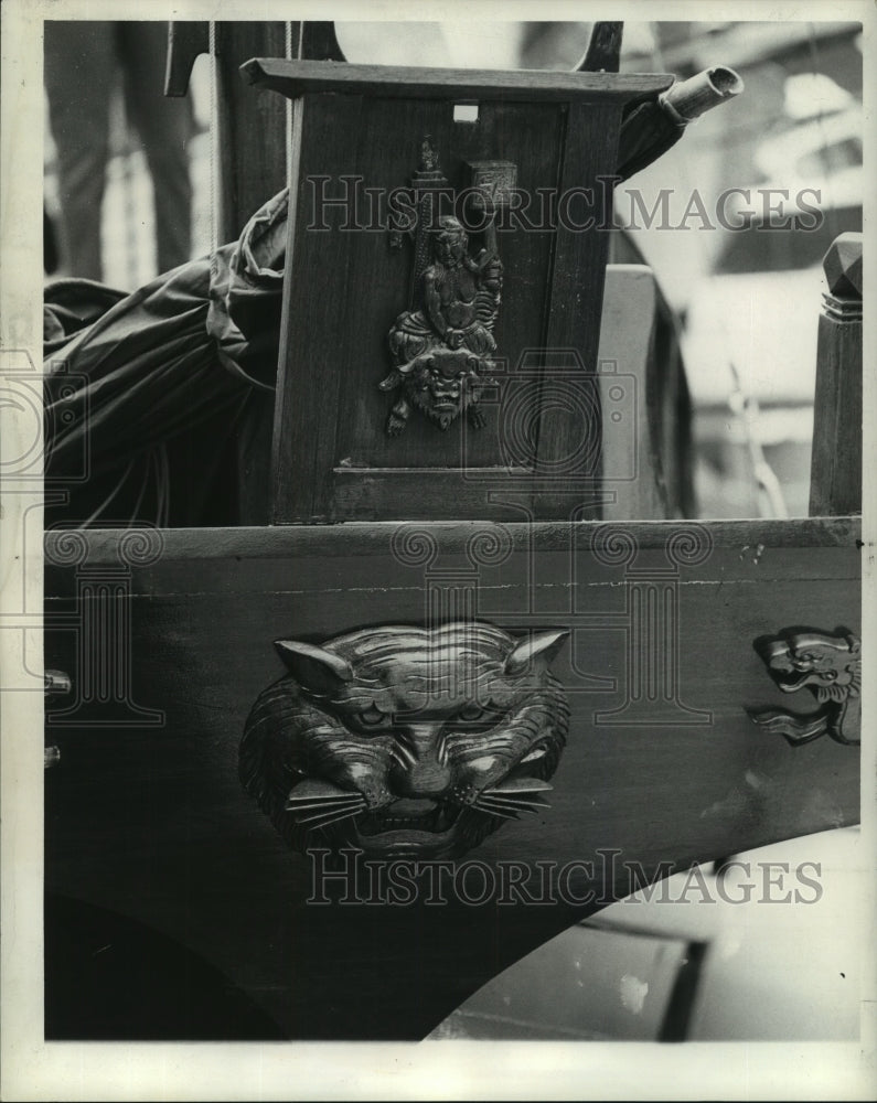 1963 Vessel&#39;s hull decorated with hand-carved Oriental symbols. - Historic Images