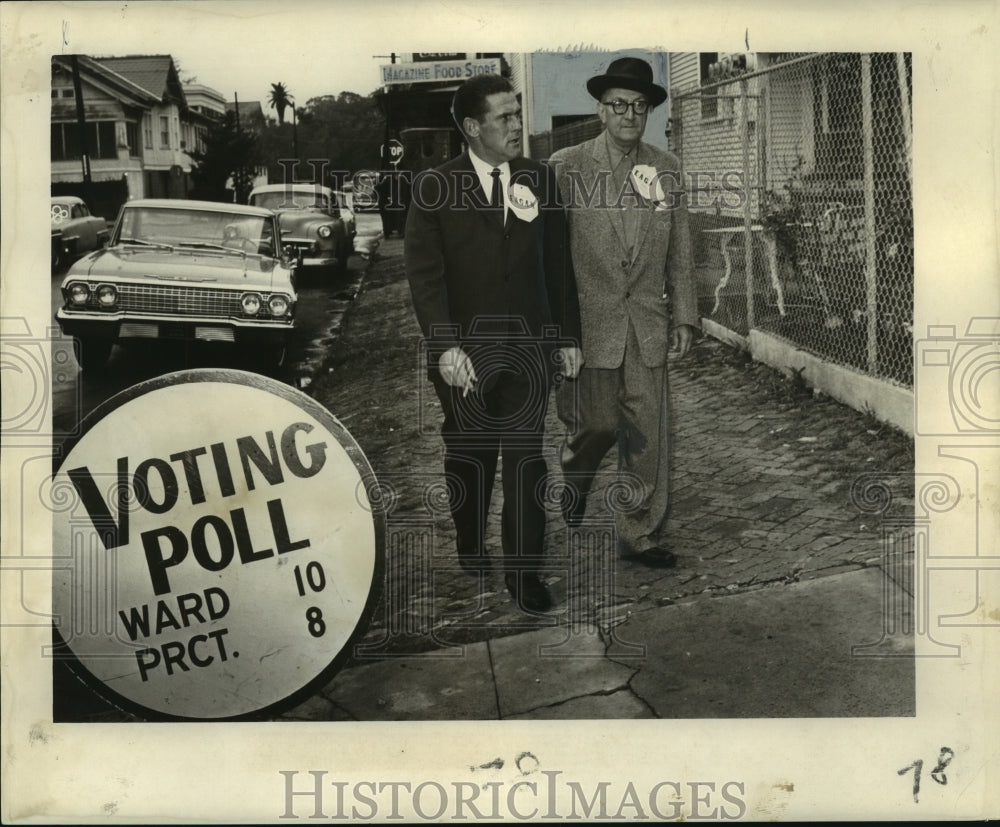 1963 Press Photo Sen. Fred Eagan with Sam Moran on their way to polls - Historic Images