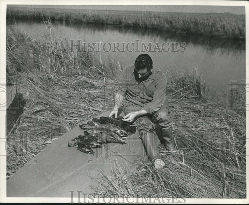 1975 Press Photo Man with haul ducks on shore of canal after Hunting - nob00741 - Historic Images