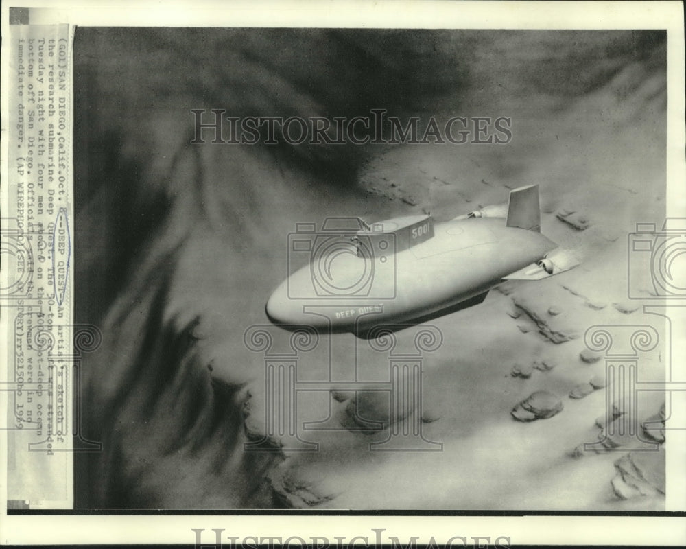 1969 Artist&#39;s sketch of research submarine &quot;Deep Quest.&quot; - Historic Images