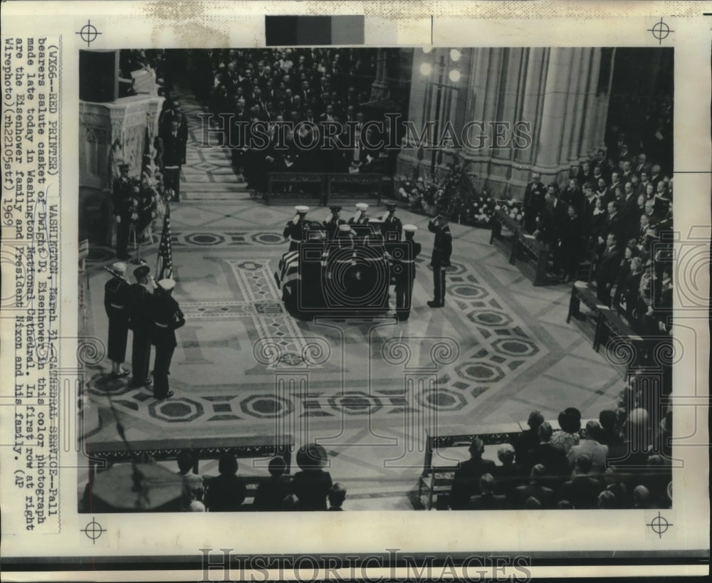 1969 Press Photo Pallbearers salute casket of Dwight D. Eisenhower in Cathedral. - Historic Images